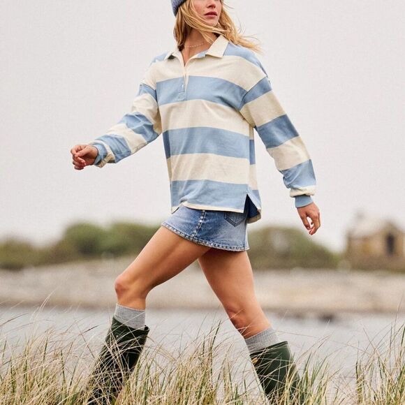 Altar'd State Landon Rugby Stripe Polo Blue/Ivory Roomy Relaxed fit, Sz M/L - Picture 5 of 15